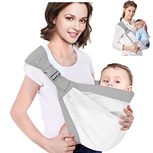 Baby Sling Carrier,Baby Carrier, Adjustable One Shoulder Labor-Saving Baby Holder Carrier, Baby Mesh Half Wrapped Sling Hip Carrier for Newborn to Toddler (Grey White)
