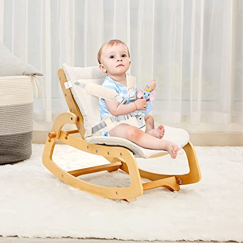 MallBest 3-in-1 Baby Bouncer Adjustable Wooden Rocker Chair Recliner with Removable Cushion and Seat Belt for Infant to Toddler (Beige)