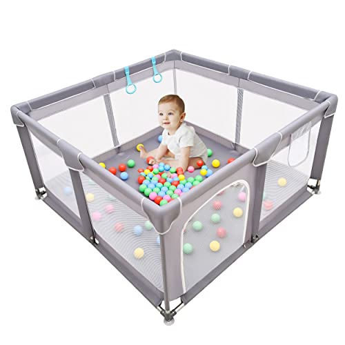 Baby Playpen, Baby Playpen for Toddler, Baby Playard, Playpen for Babies with Gate, Indoor & Outdoor Playard for Kids Activity Center，Sturdy Safety Play Yard with Soft Breathable Mesh (Grey)