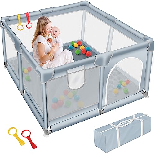 Baby Playpen for Babies and Toddlers, iHoo Baby Playard 50”×50” for Small Space, Baby Fence with Gate and Anti-Slip Base, Indoor & Outdoor Kids Activity Center, with Soft Breathable Mesh, Grey