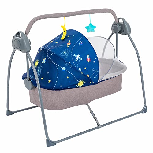 Baby Cradle Swing 5 Speed Electric Stand Crib Auto Rocking Chair Bed with Remote Control Infant Musical Sleeping Basket for 0-18 Months Newborn Babies, Mosquito Net+Mat+Pillow (Dark Blue)