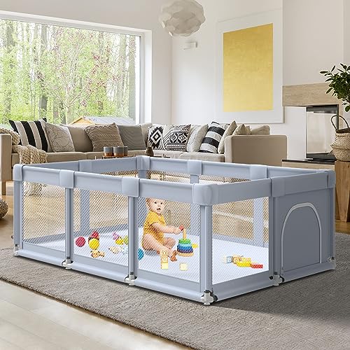 Fshibila Baby Playpen, Baby Playard for Babies and Toddlers, Baby Fence Play Pens for Indoor & Outdoor, Sturdy Safety Play Yard with Soft Breathable Mesh, Anti-Fall, 50 * 74 * 27 inches Grey