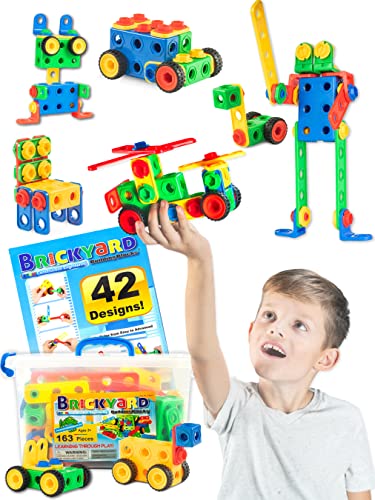 Brickyard Building Blocks STEM Toys – Educational Building Toys for Kids Ages 4-8 with 163 Pieces, Tools, Design Guide and Toy Storage Box, Gift for Boys & Girls