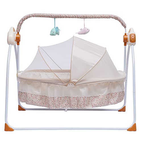 Electric Baby Cradle Swing, Baby Bassinet with 12 Songs, 5 Speed Stand Crib Auto Rocking Chair Bed with Remote Control Infant Musical Sleeping Basket for 0-18 Months Newborn Babies (Khaki)