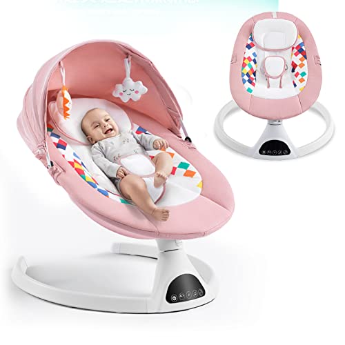 Soobaby Baby Swing for Infants,Electric Bouncer for Babies,Portable Swing for Baby Boy Girl,Remote Control Indoor Baby Rocker with 5 Sway Speeds,Music and Bluetooth,Light Pink