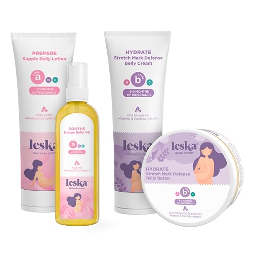 Leska Maternity Stages A & B Set | Belly Lotion, Belly Oil, Stretch Mark Defense Cream, Belly Butter | Part of a Complete 3 Part Pregnancy Skin Care System | New Mom Gifts (Set of 4, 4-4.93oz)