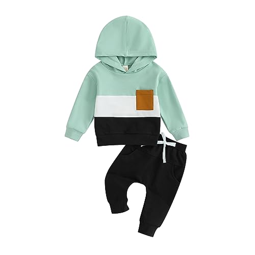 LIOMENGZI Infant Baby Boys Pants Outfits Set Long Sleeve Hooded Color Block Sweatshirts Pants Clothes Set Fall Winter Sweatsuit (light green, 12-18 Months)