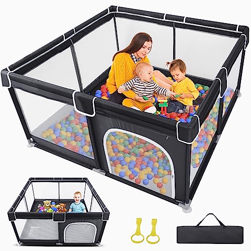 Grobeybees Baby Playpen for Toddler and Babies, Baby Playard, Indoor & Outdoor Kids Activity Center with Anti-Slip Base, Play Yard with Soft Breathable Mesh, Baby Fence Play Area(Black)