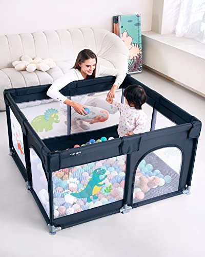 Baby Playpen Playard, Insugar Playpen for Babies and Toddlers, More Sturdy Safer 1.5 Times Thicker Steel Pipes Baby Fence Play Area with Gate, Breathable Mesh, Dinosaur Printed, Black, 47″x47″x27″