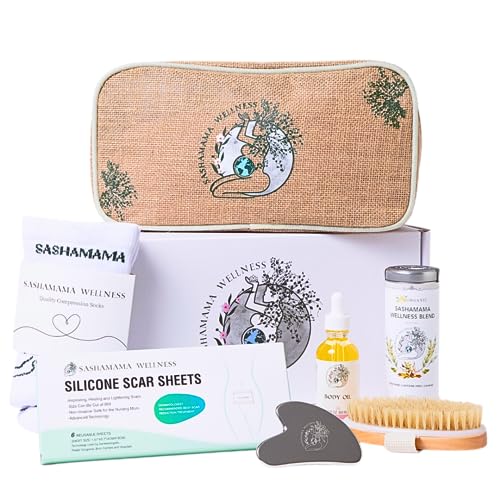 Sashamama Wellness Gift for Pregnant Women- Best Gifts for Expecting New Mom – Pregnancy Gifts for First Time Mom Friends – Mom to Be Gift – PostPartum Recovery – Maternity Essentials – Stretch Mark Body Oil, Organic Nausea Relief Tea, C-Section Scar Sheets, & More- Postpartum Care Package