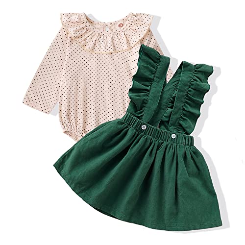 Kucnuzki 3-6 Months Baby Girl Clothes Toddler Girl shirts Green Suspender Skirt Set Long Sleeve Ruffle Polka Dot Romper Infant Linen Jumpsuit Bodysuit