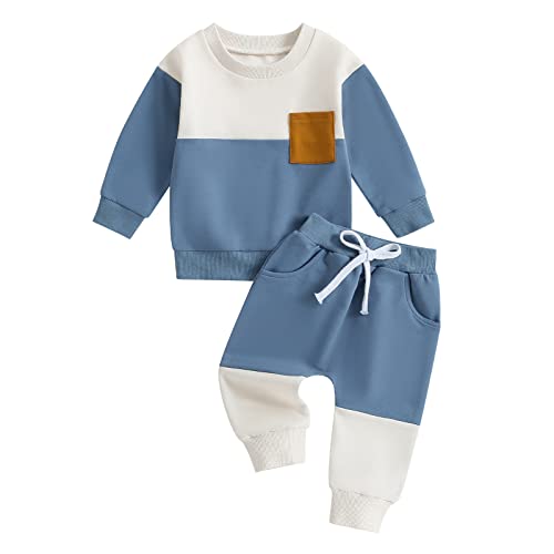 Kupretty Toddler Baby Boy Fall Winter Clothes Color Block Long Sleeve Sweatshirt Pullover Tops + Joggers Pants Outfit Set (Blue White, 6-12 Months)