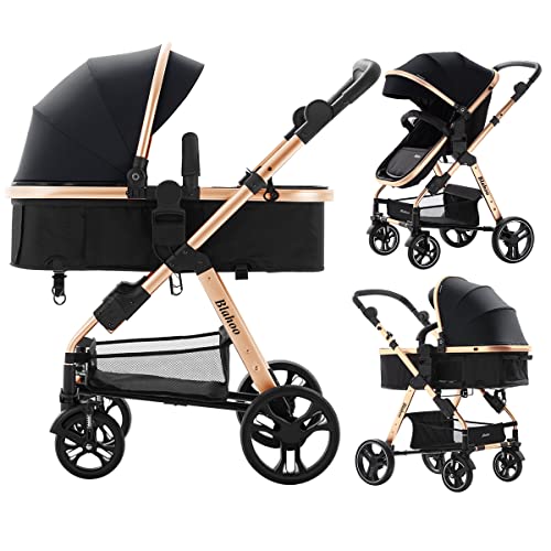 Blahoo Baby Stroller for Toddler .Foldable Aluminum Alloy Pushchair with Adjustable Backrest.Bassinet Stroller Adjustable Direction Gold Black