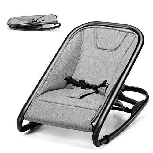 BABY JOY 2 in 1 Baby Bouncer, Portable Baby Rocker with 3-Point Harness, Folding Stationary Seat Infant Bouncer for Babies, Newborns (Light Gray)