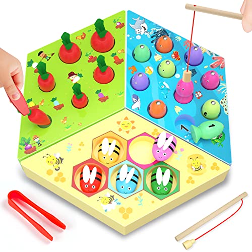 Wooden Montessori Toys for 3 4 5 Old Boys Girls, Wooden Magnetic Fishing Game, Carrot Harvest Game, Bee Color Sorting Fine Motor Skills Educational Learning Toddler Wooden Toys Gifts for 3-5 Year Old…