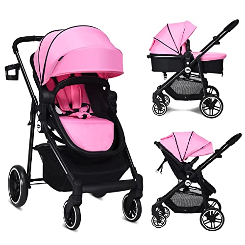 INFANS 2 in 1 Baby Stroller, High Landscape Infant Stroller & Reversible Bassinet Pram, Foldable Pushchair with Adjustable Canopy, Storage Basket, Cup Holder, Suspension Wheels (Pink)