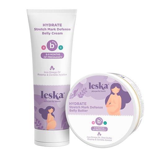 Leska Maternity Stage B Set | HYDRATE Belly Cream & Belly Butter (Pregnancy Months 6-9) | Part of a Complete 3 Part Pregnancy Skin Care System | New Mom Gifts (Set of 2, 4oz)