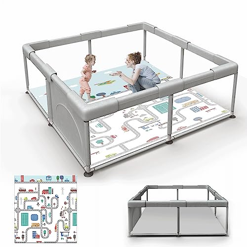 Baby Playpen Baby Playard, Playpen for Babies and Toddlers with Gate, 50×50 Baby Fence, Sturdy Safety Playpen, Indoor & Outdoor Kids Activity Center（with Mat）