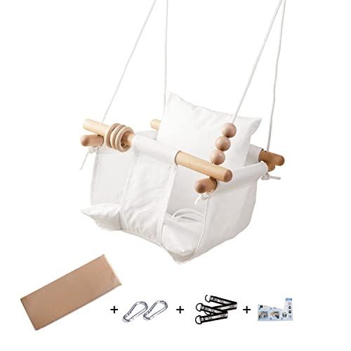 Baby Swing Seat, Secure Canvas and Wooden Hanging Swing Chair for Baby, Infant, Toddler, Kids Toys – Indoor and Temporary Outdoor Hammock for Indoor Playground, Tree Swings or Backyard, White