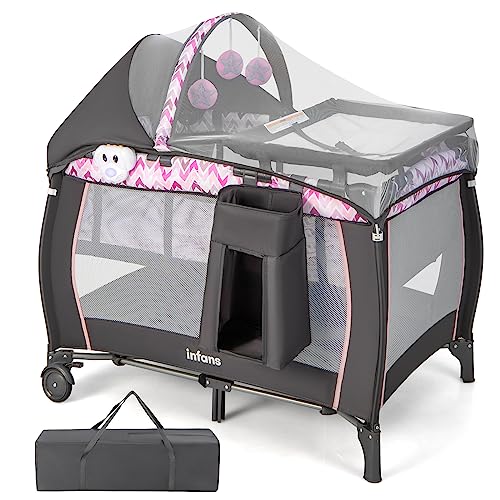 INFANS 4 in 1 Pack and Play, Portable Nursery Center for Baby Kid Infant, Travel Playard with Bassinet, Mattress, Diaper Changer, Bag, Toys, Music Box, Storage Basket (Pink Wave, with Canopy)