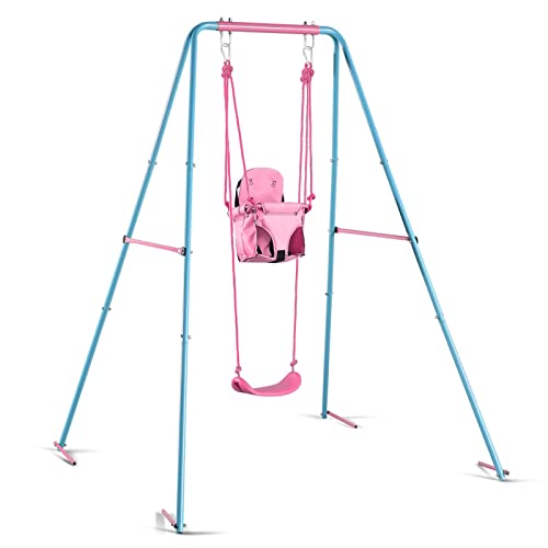 Kiriner Swing Set Outdoor Swings for Kids Toddlers with Waterproof Metal A-Frame, 4 Anchors, Two Swing Seats Swing Sets for Backyard Playground Pink&Blue