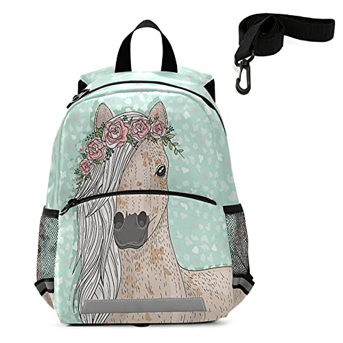 QUGRL Horse Flowers Toddler Backpack Kids for Baby Girls Cute Kindergarten Schoolbag Preschool Nursery Travel Bag with Safety Leash Harness 3-8 Years