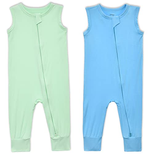 Baby Sleeveless Romper Bamboo 2-Way Zipper 2pcs Toddler Summer Jumpsuit Outfits Infant Footless Pajamas clothes(Green & Blue, 12-18m)