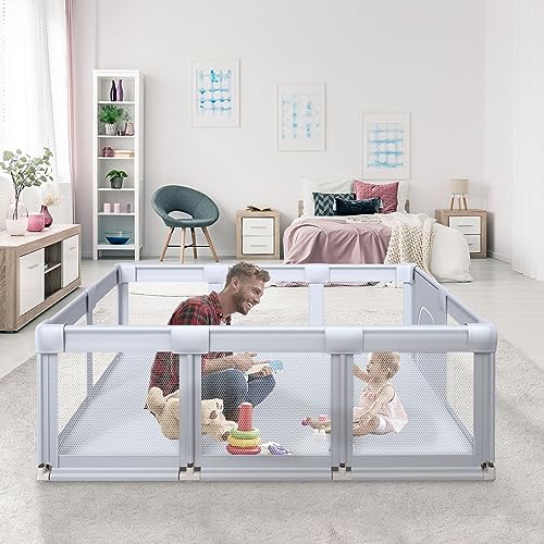 Baby Playard, Playpen for Babies and Toddlers with Gate, 74″x50″ Large Baby Fence, Sturdy Safety Playpen, Indoor & Outdoor Kids Activity Center (Gray)