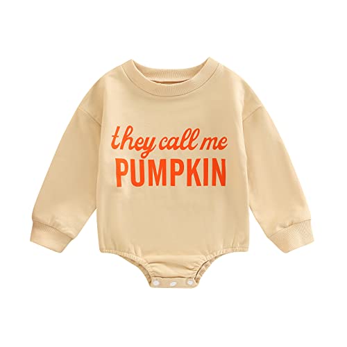 Lamuusaa Newborn Baby Girl Boy Halloween Outfits Long Sleeve Pumpkin Romper Sweatshirt Oversized Sweater Fall Tops