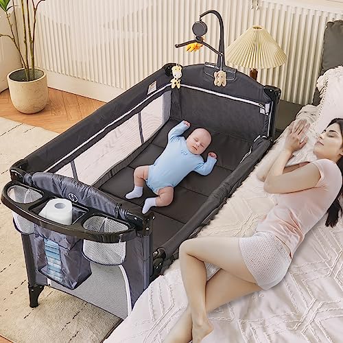 5-in-1 Baby Bedside Sleeper with Bassinet, Multifunction Pack and Play Bedside Sleeper from Newborn to Toddlers, Music Box & Hanging Toys, Baby Playard Deluxe Nursery Center