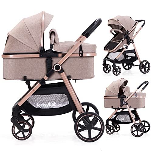 Lortsybab 2-in-1 Baby Stroller with Bassinet Mode – Folding Infant Newborn Pram Stroller with Reversible Seat – Toddler Strollers for 0-36 Months Old Babies (Beige)