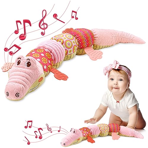 AWOTOY Infant Baby Musical Stuffed Animal Activity Soft Toys with Teether, Multi-Sensory Crinkle, Rattle and Textures, for Tummy Time Newborn 0-3-6-12 Months Boys, Girls, Crocodile, Pink