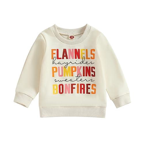 MoZiKQin Toddler Baby Halloween Outfit Girl Boy Crewneck Sweatshirt Long Sleeve Letter Pullover Sweater Cute Fall Clothes (Flannels Pumpkins Bonfires Beige,2-3T)