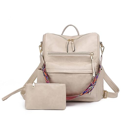 KOOIJNKO Women Backpack Purse Vintage Rucksack Convertible Shoulder Bag Travel Daypack, Off White-2 Pack