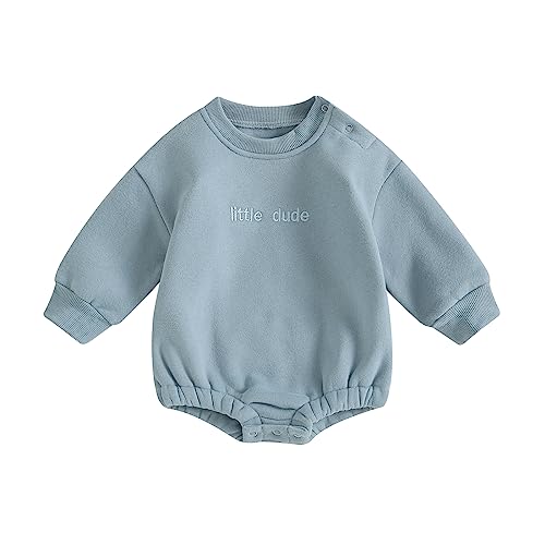 Baby Boy Oversized Sweatshirt Romper Solid Long Sleeve Bubble Little Dude Romper Sweater Onesie Top Fall Clothes (Blue, 6-12 Months)