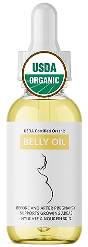 Organic Belly Oil – Certified USDA Organic Nutrient Rich Body Oil For Growing Areas, Scars & Stretchmarks – Maternity, Pregnancy, Post Partum & On – 1 Fl Oz Glass & Dropper