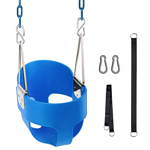 Toddler Swing, KINSPORY Baby Swing Outdoor, Heavy-Duty High Back Full Bucket Infant Swing Seat, 59″ Coated Chains with Tree Straps for Swing Sets Outdoor Backyard (Blue)