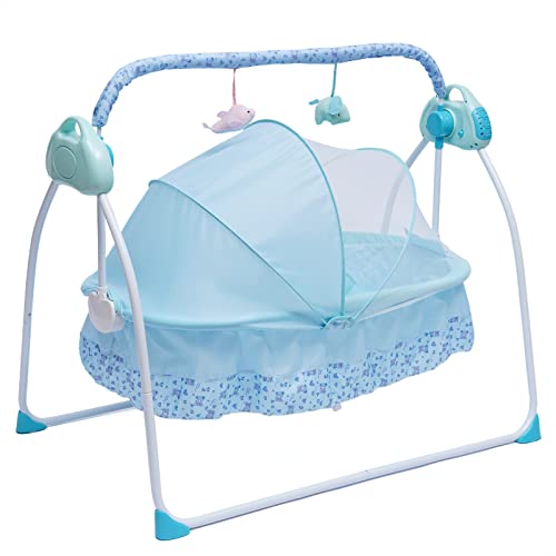 LOYALHEARTDY Baby Cradle Swing 5 Speed Electric Stand Crib Auto Rocking Chair Bed with Remote Control Infant Musical Sleeping Basket for 0-18 Months Newborn Babies, Mosquito Net+Mat+Pillow (Blue)