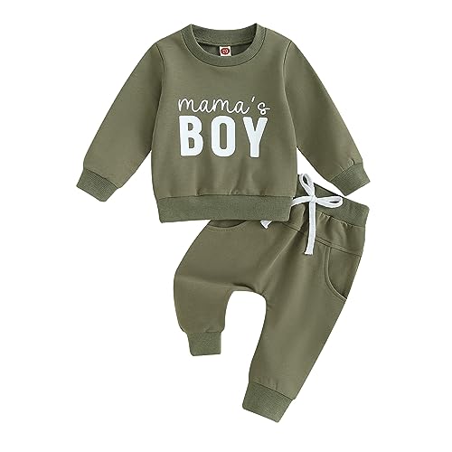 FIOMVA Mamas Boy Baby Clothes Infant Fall Winter Sweatshirt Pants 2 Piece Set Toddler Jumper Top Sweatpants Outfit (D Mamas Boy Army Green, 2-3 Years)