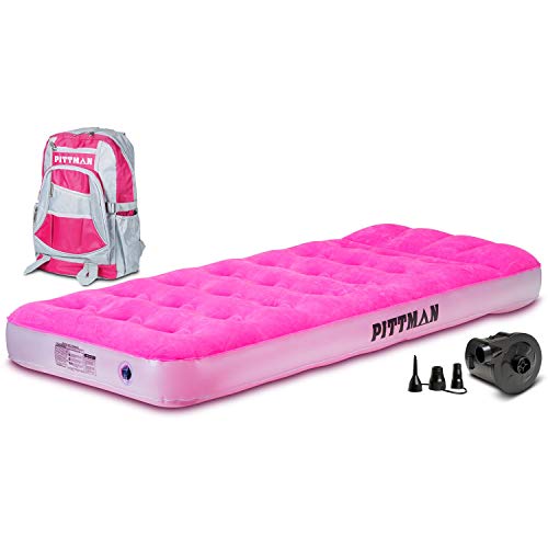 Pittman Outdoors Twin Air Mattress, Inflatable Bed with a Portable Electric Air Pump, Perfect for Kids and Toddlers, Matching Travel Backpack for Storage, 9″ Height – Pink