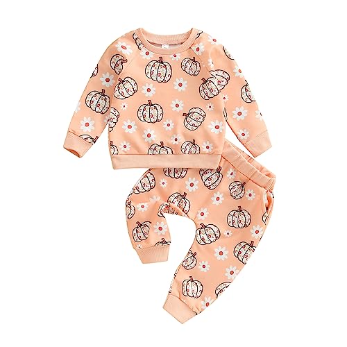 Newborn Baby Girl Halloween Outfit Long Sleeve Pumpkin Floral Sweatshirt Pants Set Infant Baby Fall Clothes (Pumpkin Floral Orange, 12-18 Months)