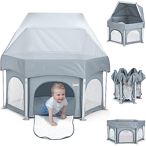 BabyBond 53″ Portable Indoor and Outdoor Baby Playpen with Mat- Pop Up Tent Pack and Play Baby Playpen with Canopy for Babies and Toddlers Play Yards with Travel Bag – Grey