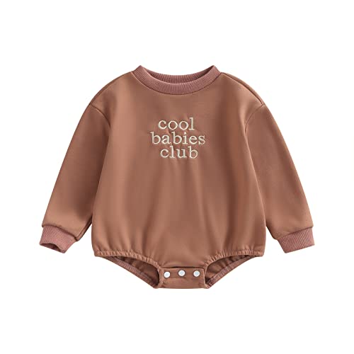 Amiblvowa Gender Neutral Baby Sweatshirt Romper Long Sleeve Crewneck Bubble Onesie Sweater Jumper Newborn Girl Boy Clothes (Coffee Cool Babies Club, 6-12 Months)