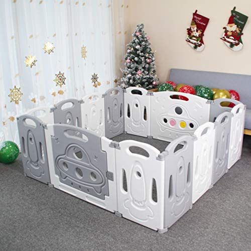 Gupamiga Foldable Baby playpen Baby Folding Play Pen Kids Activity Centre Safety Play Yard Home Indoor Outdoor New Pen 12+2 Panels (Grey White)