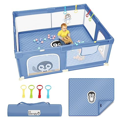 Baby Playpen for Babies and Toddlers with Mat, 71×59 inch Extra Large Baby Playard No Gaps for Indoor & Outdoor, Portable Toddler Playpen with Bag, Anti-Slip Base, (Blue), Li’l Pengyu