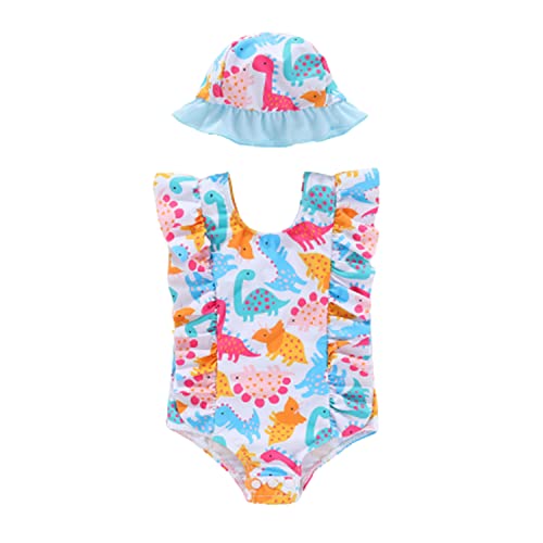 Amberetech Baby Girls One Piece Swimsuit Ruffle Sleeveless Swimming with Swim Cap Bikini Beach Bathing Swimwear Set (6-12 Months) White