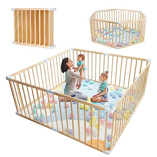 Foldable Baby Playpen for Toddlers, Expandable Wooden Play Fence, Large Wood Playpen Safety Playard for Indoor & Outdoor, Safe Play Area Kids Activity Center (26“ Tall, 8-Panel)