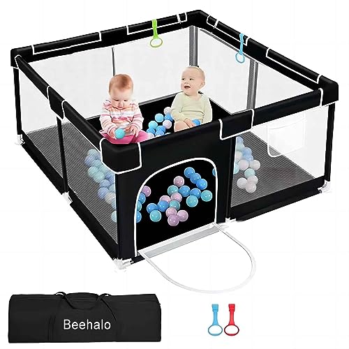 BeeHalo Baby Playpen Baby Playard, Playpen for Babies and Toddlers with Gate, Indoor & Outdoor Kids Activity Center with Anti-Slip Base,Sturdy Safety Play Yard with Soft Breathable Mesh(Black,50”×50”)