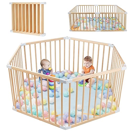 Foldable Baby Playpen for Toddlers, Expandable Wooden Play Fence, Large Wood Playpen Safety Playard for Indoor & Outdoor, Safe Play Area Kids Activity Center (26“ Tall, 6-Panel)