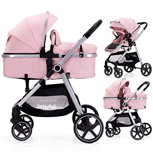 Lortsybab 2-in-1 Baby Stroller with Bassinet Mode – Folding Infant Newborn Pram Stroller with Reversible Seat – Toddler Strollers for 0-36 Months Old Babies (Pink)